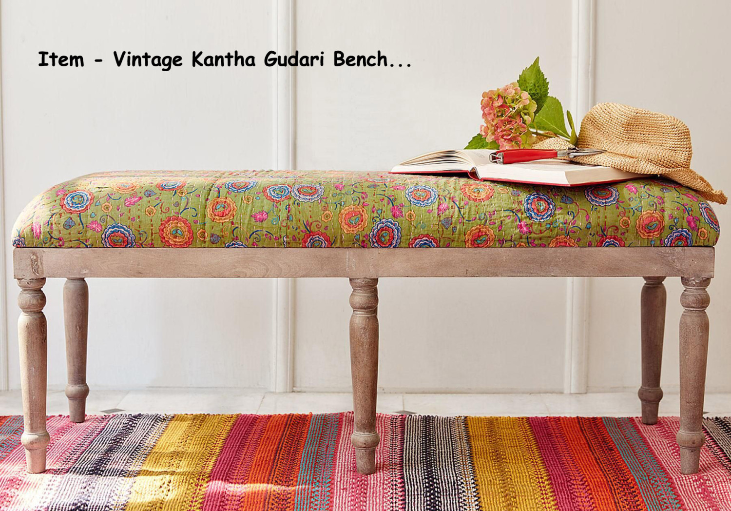 Vintage Cotton Kantha Gudri Bench Green