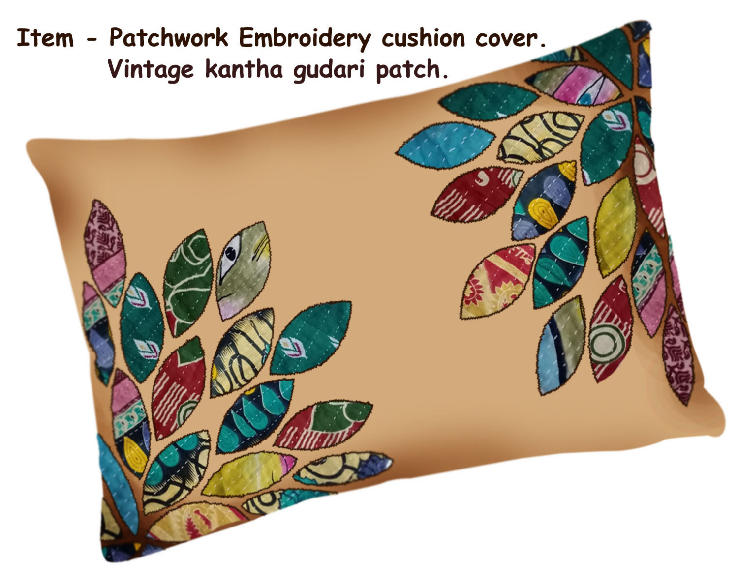 Vintage Cotton Kantha Gudri Leaf Patch Pillow Cover