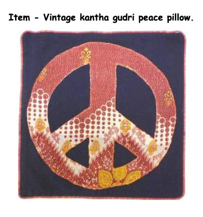 Vintage Cotton Kantha Gudri Patch Peace Sign Cushion Cover Blue