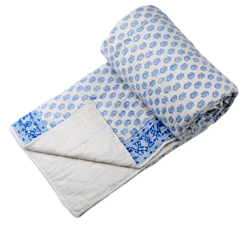 Cotton Hand Block Printed White Quilt with Blue Booti Print