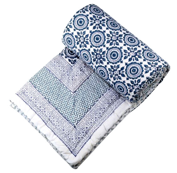 Cotton Hand Block Printed border Quilt white With Blue Print