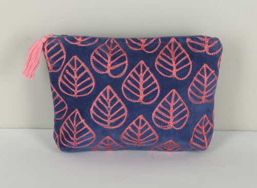 Cotton Velvet Embroidery Pouch Blue