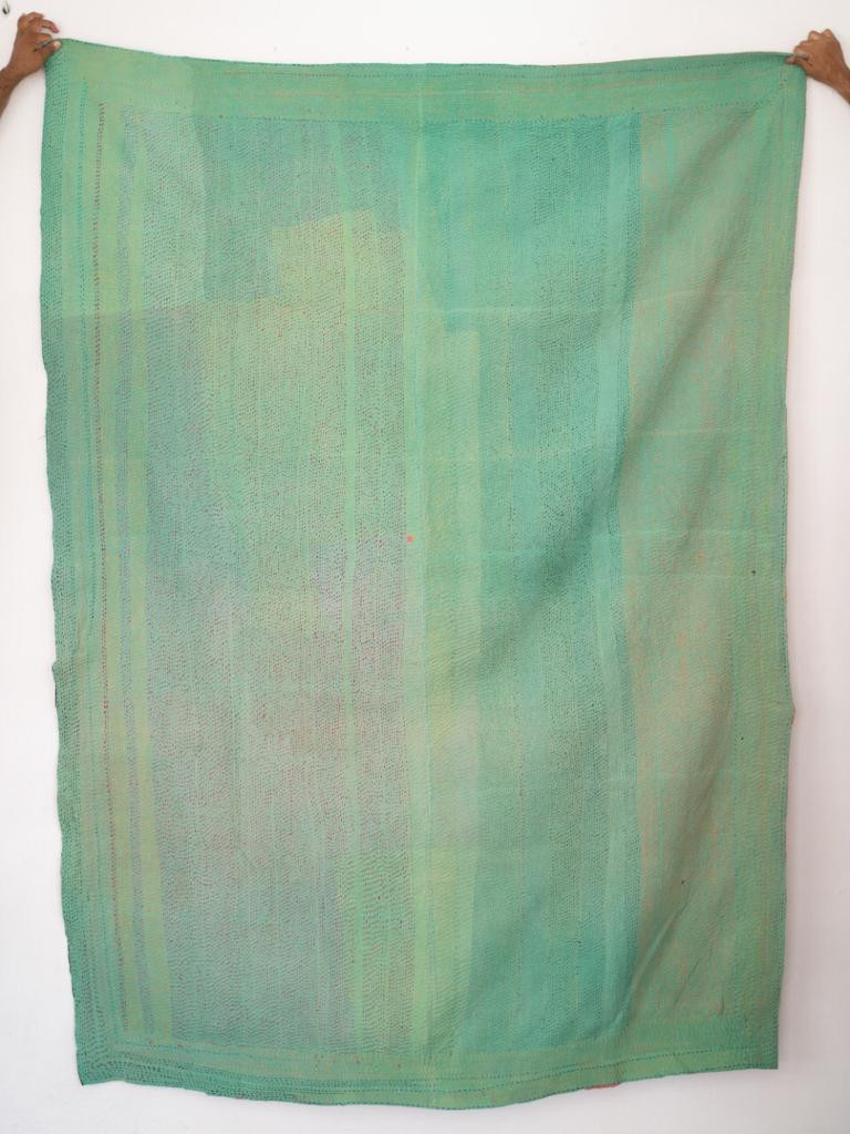 Vintage Cotton Printed Kantha Throw In Light Color - Light Green