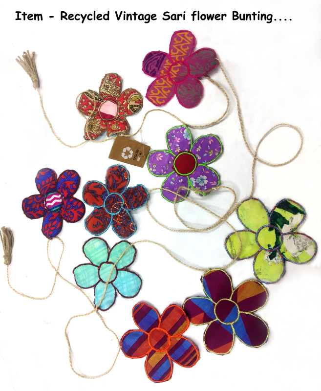 Vintage Old Sari Printed Upcycled Flower Garland in Jute Dori with Jute Tassels