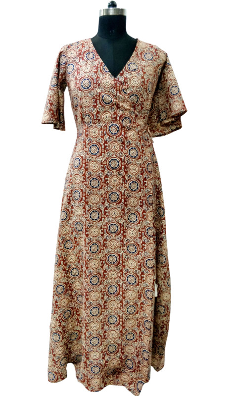 Cotton Printed Bell Sleeve Wrap Dress