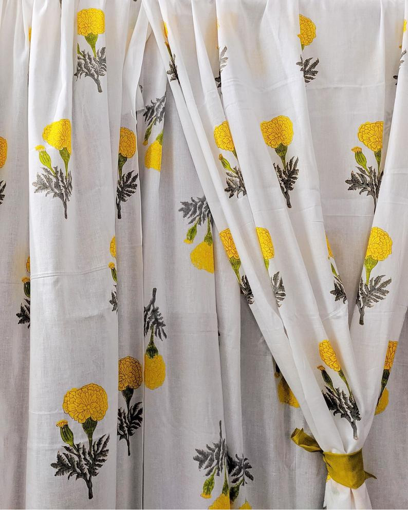 Cotton Hand Block Marigold Flower Print Curtain