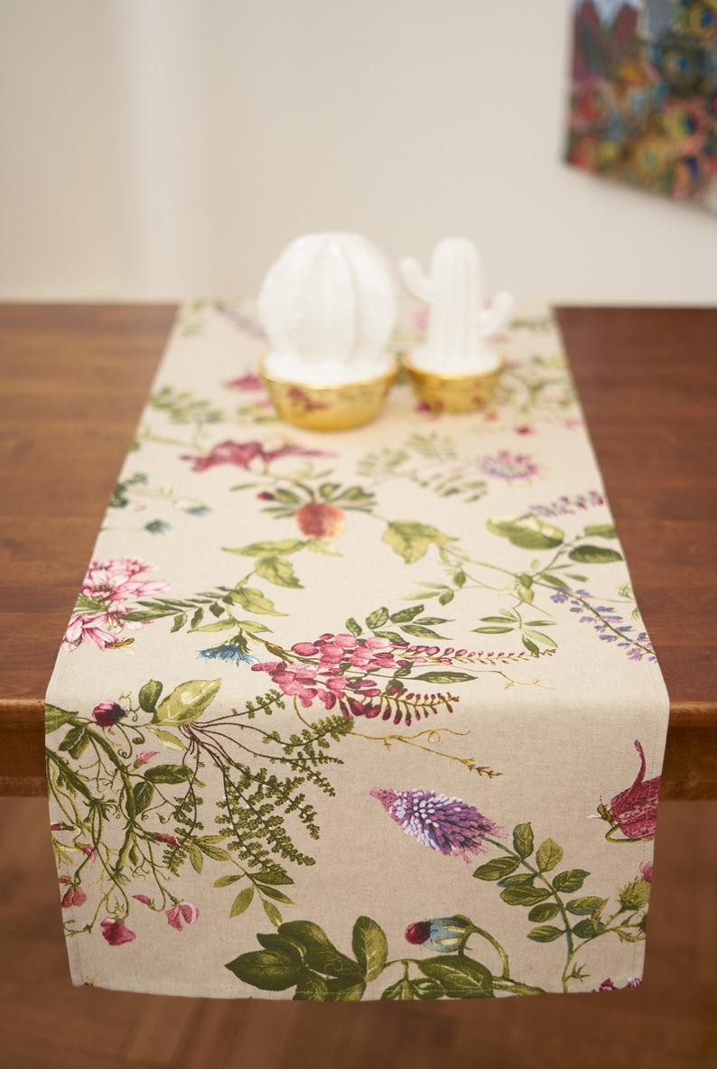 Cotton Linen Printed Table Runner Natural Beige With Flower Print