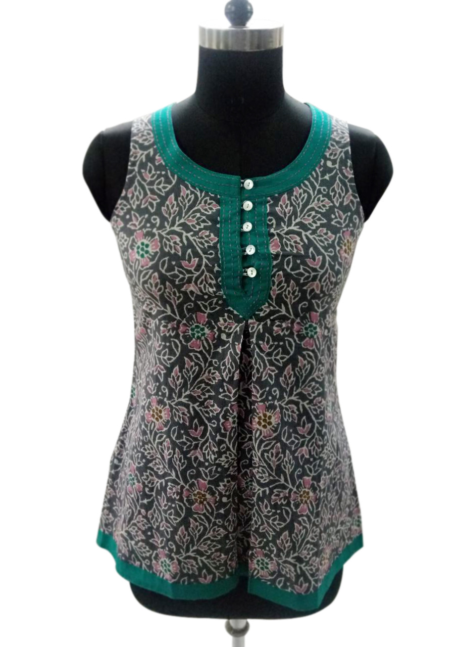 Cotton Printed Sleeveless Top With Hand Stitch Work