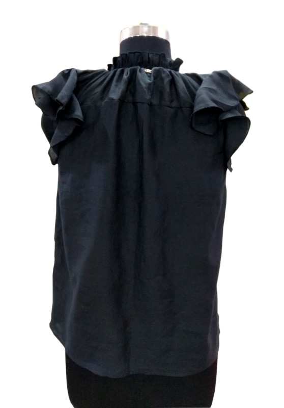 Cotton Silk Top With Frill And String BLACK