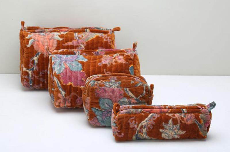 Cotton Velvet Printed Quilted Pouches Brown Color