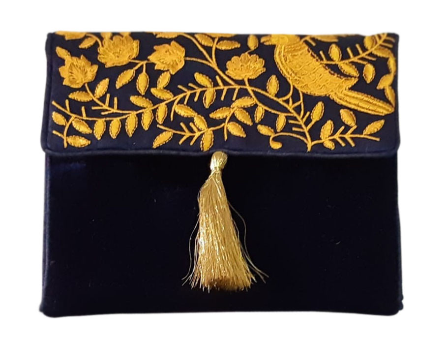 Rayon Velvet Embroidery Pouch Black