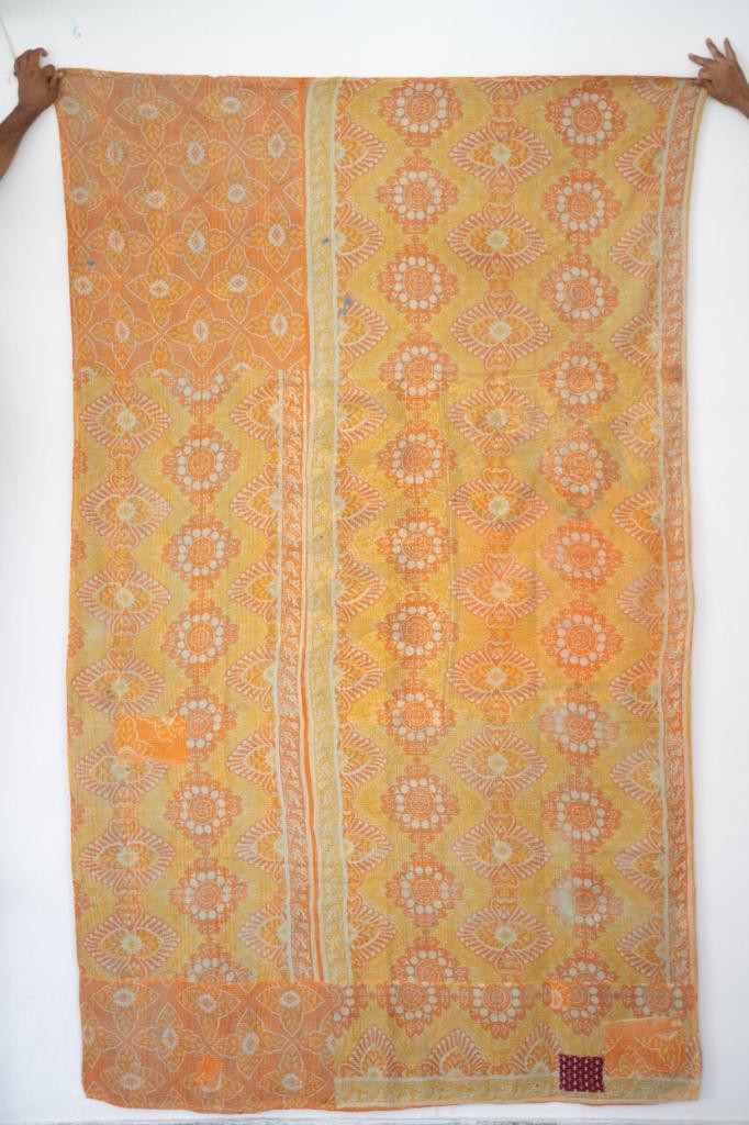 Vintage Cotton Kantha Throw In Light Color - Light Yellow/Orange