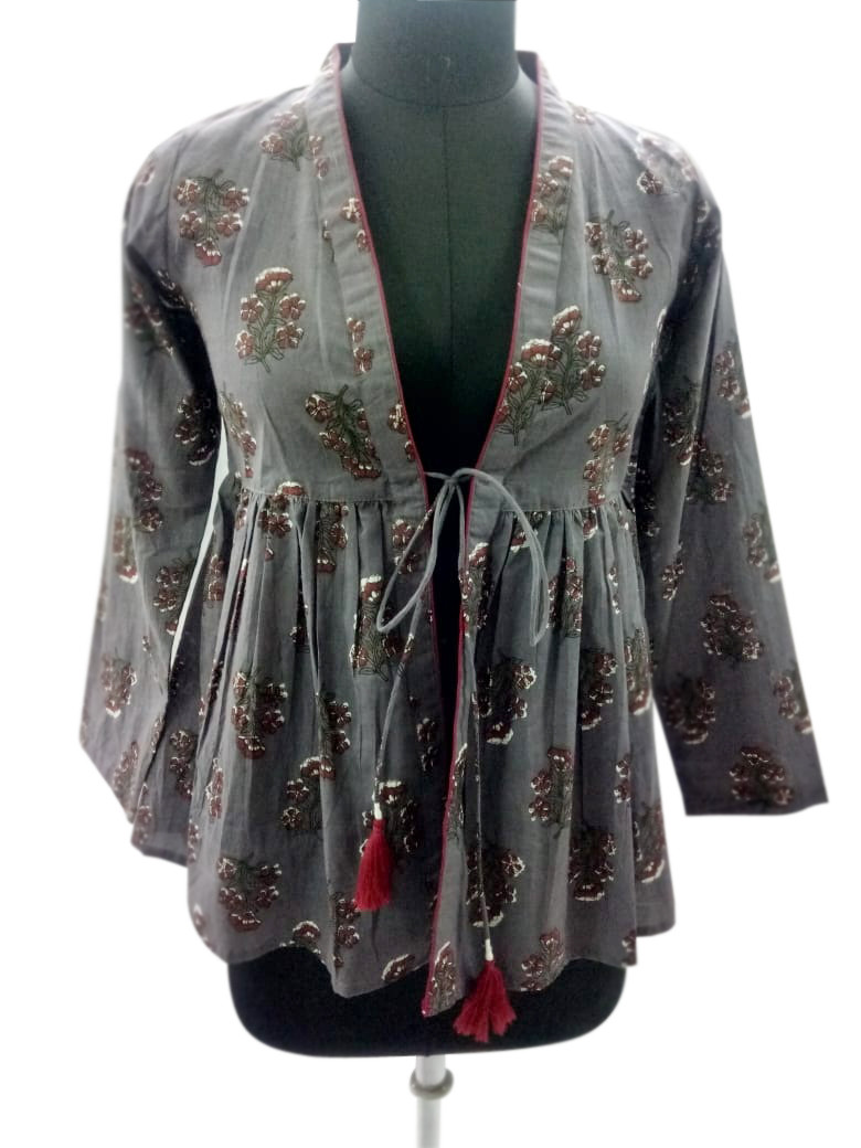 Cotton Printed Top Front Open With String Grey
