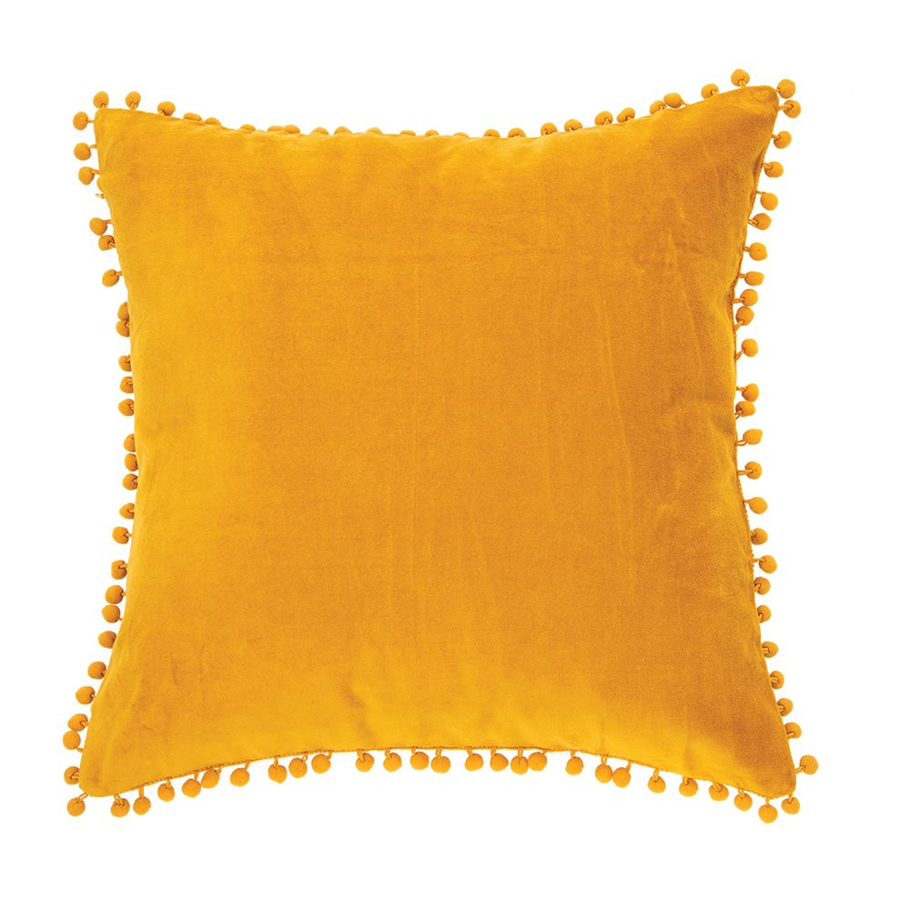 Cotton Velvet Pom-Pom Lace Cushion Cover Yellow