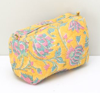 Cotton Hand Block Printed Quilted Pouch Yellow