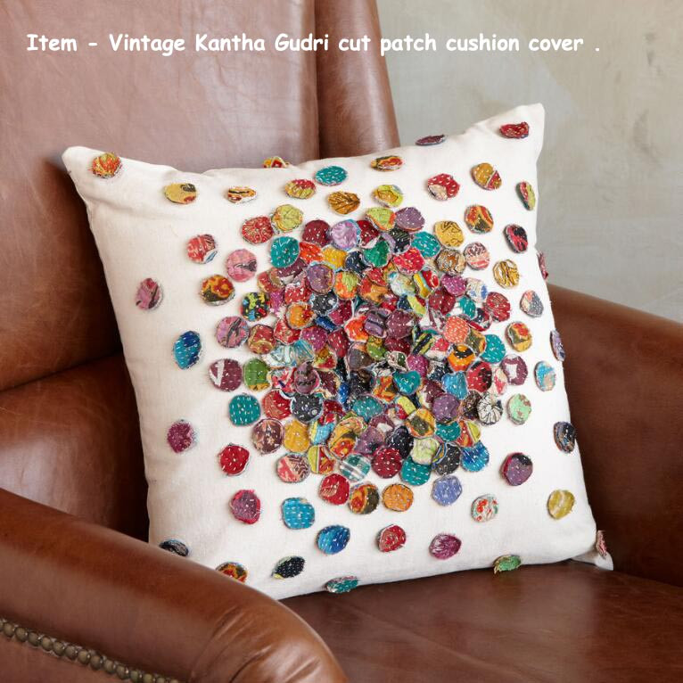Vintage Cotton Kantha Gudri Round Patch Cushion Cover