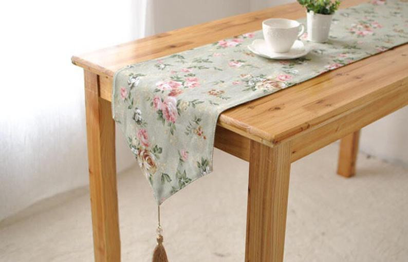 Linen Printed Table Runner Natural Grey With Flower Print