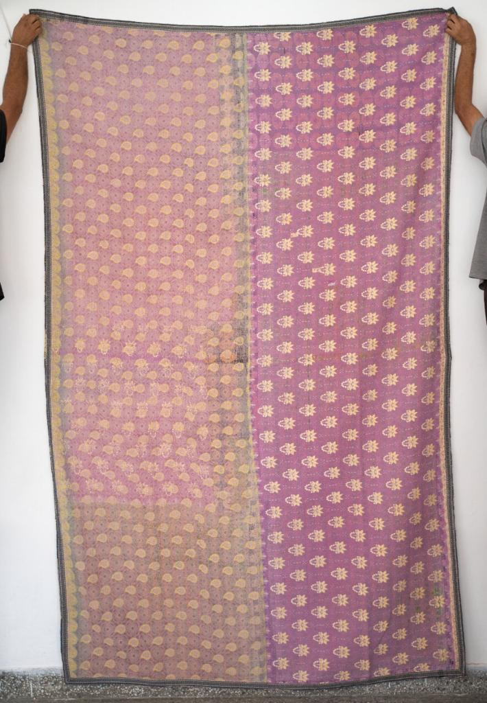 Vintage Cotton Kantha Throw In Light Color - Peach