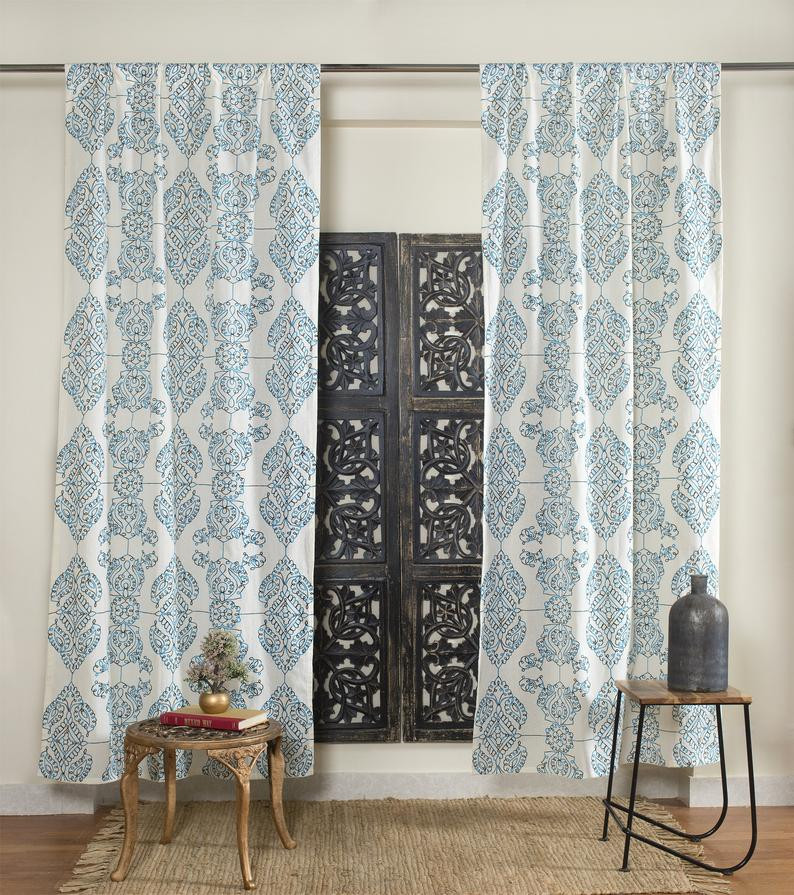 Cotton Voil Printed Blue Curtain