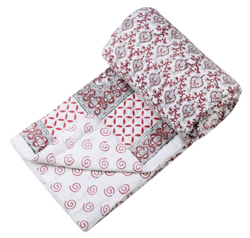 Cotton Hand Block Printed White Border Quilt with Maroon Print